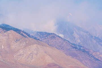 Fototapeta na wymiar Owens Valley Desert Mountains, California Radar Dish Observatory Wildfire Fire Lone Pine
