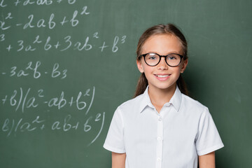 smiling schoolgirl in eyeglasses looking at camera near chalkboard with equations