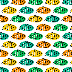 Multi-colored fish in multi-colored ovals on a white background. Pattern. Flat vector illustration on the marine theme.