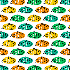 Fototapeta premium Multi-colored fish in multi-colored ovals on a white background. Pattern. Flat vector illustration on the marine theme.