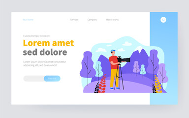 Happy travel photographer taking picture of mountain isolated flat vector illustration. Cartoon man standing and using DSLR camera on tripod. Photography of nature and landscape concept