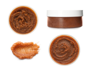 Aromatic body scrubs on white background, collage