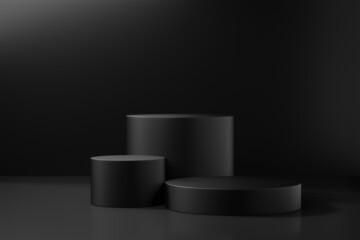Cosmetic display product stand. Three black cylinder podium on dark background. 3D rendering illustration