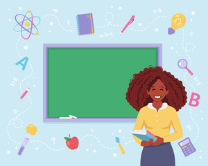 Black female teacher in classroom with chalkboard. Back to school, teacher's day concept. Vector illustration
