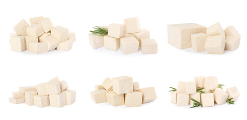 Set with tasty raw tofu on white background. Banner design