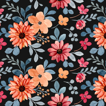 Seamless pattern of orange red floral with watercolor