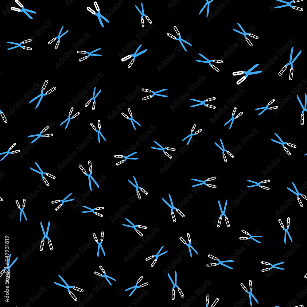 Poster line gardening handmade scissors for trimming icon isolated seamless pattern on black background. pr
