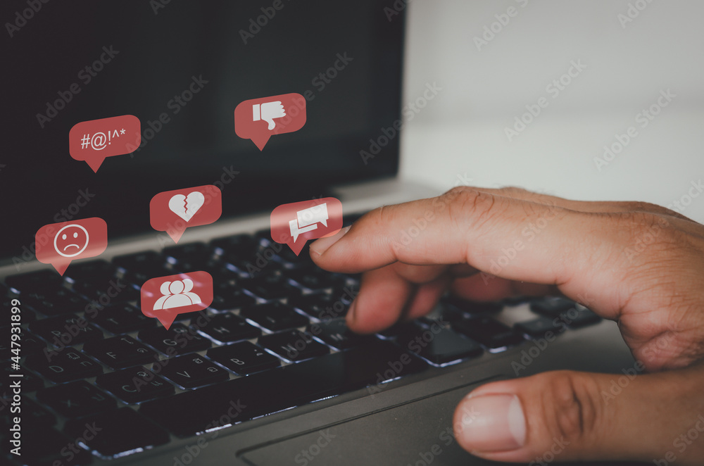 Poster hand pressing the keyboard of a laptop computer. icon virtual interface technology concept. social n
