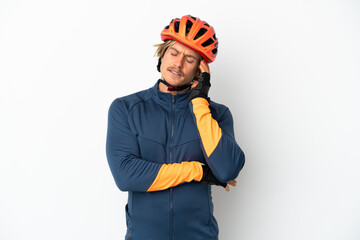 Young blonde cyclist man isolated on white background with headache