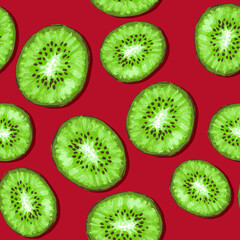Fototapeta premium Seamless pattern with kiwi. Vector illustration for designing posters, wallpaper, background, fabric, textile, cafe, restaurant, resort, exotic, packaging.