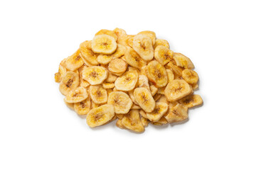 Banana chips isolated on a white background. Dehydrated banana.