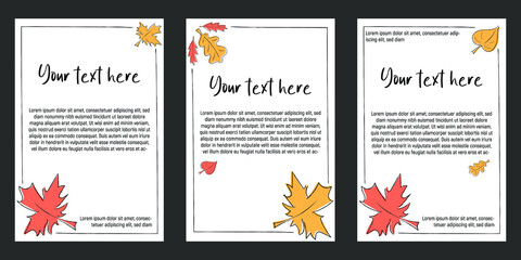 Autumn leaves doodle set. Vector frames. Trendy colorful hand drawn line style. 