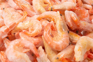 Fresh shrimps in ice. Top view.