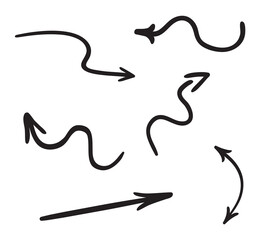 Hand drawn simple arrows. Line art. Set of different pointers. Abstract indicators. Black and white illustration