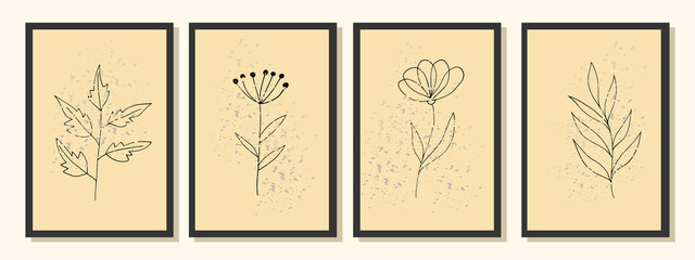 abstract posters with leaves and flowers. monochrome, minimalistic, trendy, retro. wall decor, art prints. doodle hand drawn.