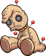Sad sitting voodoo doll with pins. Vector clip art illustration with simple gradients. All on a single layer. 
