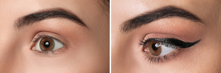 Collage with photos of woman before and after applying eyeliner, closeup view. Banner design