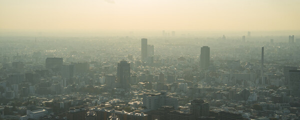 Hazy Tokyo skyline with smog and air pollution 　霞のかかった東京都心の高層ビル群...