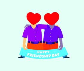 Happy friendship day concept with front view of two men, friends hugging, cartoon vector illustration on white background.