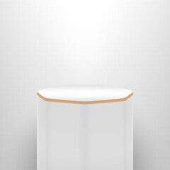 Minimal vector 3d illustration of a podium, stand, stage, made in light colors. With a light source on top. Heptagonal podium with rounded corners.