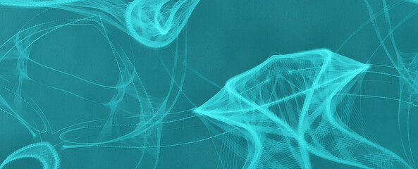 Turquoise connected lines on a green background. Panoramic view. Artistic work on a futuristic theme
