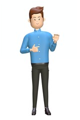 Cartoon businessman stands and shows something on a white isolated background. 3d illustration 