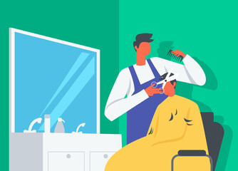 Hair cutting in salon illustration, a man doing stylist haircut in barber shop 