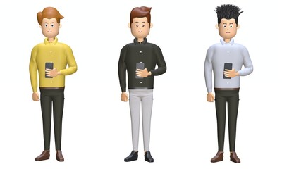 Set of 3d businessman uses his mobile phone. 3d illustration.