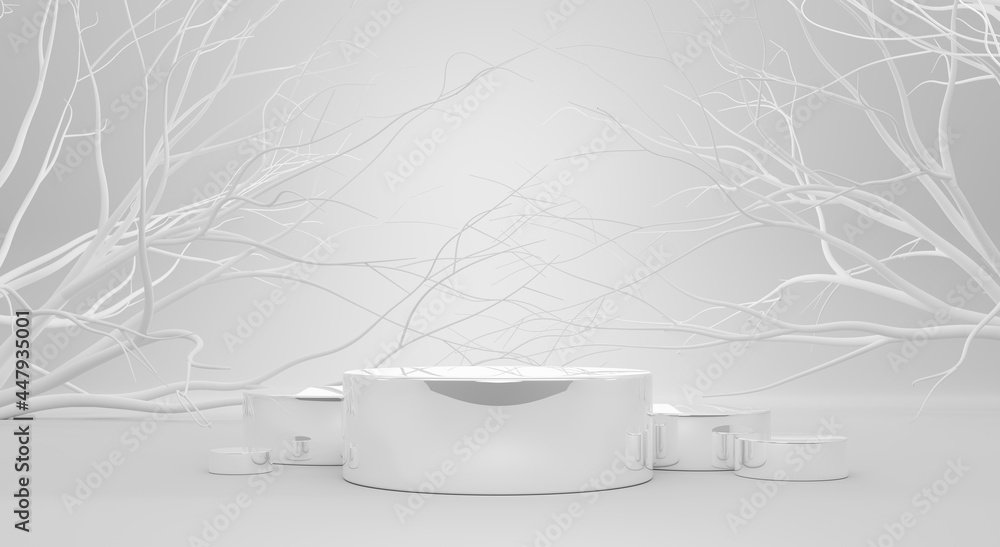 Poster mirror round podium with white branch trees isolated on grey background. mockup elegant empty pedest