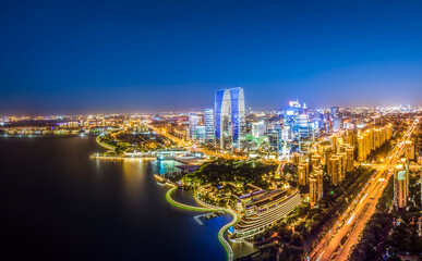 Fototapeta premium Aerial photography of the night view of Suzhou Financial Center