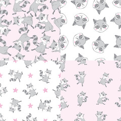 Set of Cute Super Raccoons Seamless Patterns and Poster. Childish Background with Little raccoon Heads.