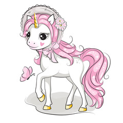 Illustration of cute little smiling unicorn in a beautiful hat on his head . Children background. Magic pony.  Hand drawn illustration for your design.