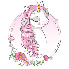 Beautiful illustration of cute little smiling unicorn  with a wreath of flowers on his head . Art. Fashion illustration drawing in modern style. Children background. Magic pony. Sketch animals