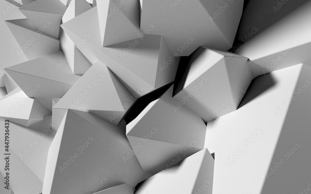 Poster Abstract background with white 3D shapes flying in the light as a messy array or chaotic structure for any pastel backdrop. 3D illustration.
