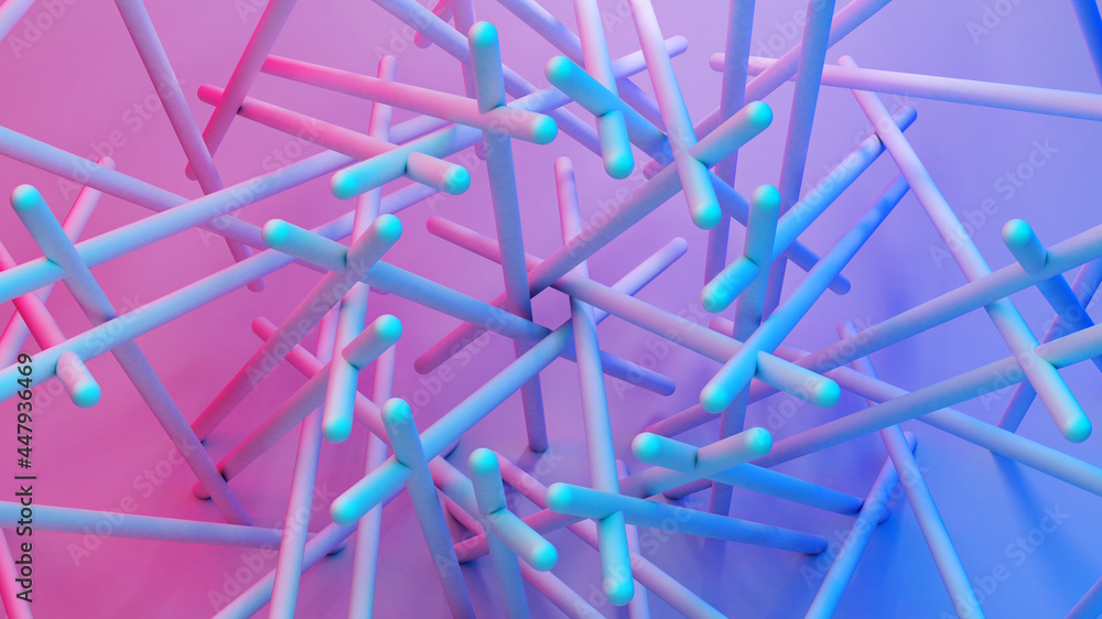 Poster scientific or technology abstractions with canes, sticks or rods flying in surreal symmetric structu