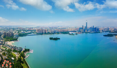 Obraz na płótnie Canvas Aerial panoramic view of the skyline of Suzhou Lake East Financial Center