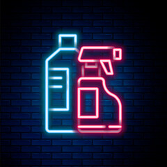 Glowing neon line Plastic bottles for laundry detergent, bleach, dishwashing liquid or another cleaning agent icon isolated on brick wall background. Colorful outline concept. Vector