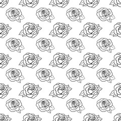 Beautiful monochrome black and white seamless pattern with roses, leaves.