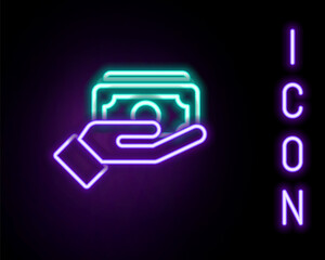 Glowing neon line Stacks paper money cash in hand icon isolated on black background. Insurance concept. Money banknotes stacks. Bill currency. Colorful outline concept. Vector