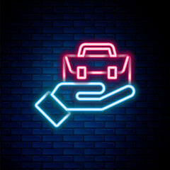 Glowing neon line Hand holding briefcase icon isolated on brick wall background. Insurance concept. Security, safety, protection, protect concept. Colorful outline concept. Vector