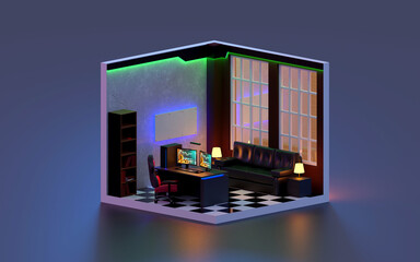 3d render Office room isometric., 3d illustration.