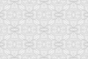 Foto op Plexiglas 3D volumetric convex embossed geometric white background. Spectacular pattern in a unique doodling technique. Ethnic oriental, Asian, Indonesian motives with handmade elements for design. ©  swetazwet