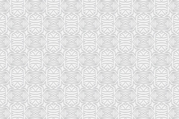 3D volumetric convex embossed geometric white background. Decorative pattern in a unique doodling technique. Ethnic oriental, Asian, Indonesian motives with handmade elements for design and decoration