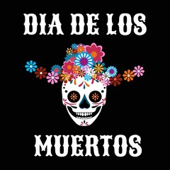 Dia de los Muertos greeting card with smiling skull in hat and flowers. Day of the dead design template in flat style. Vector illustration. Mexican holiday background, banner, poster, invitation etc