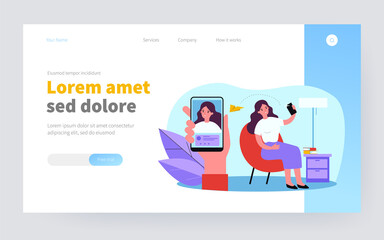 Happy woman sending selfie to friend. User taking and sharing self picture flat vector illustration. Online communication, social media concept for banner, website design or landing web page