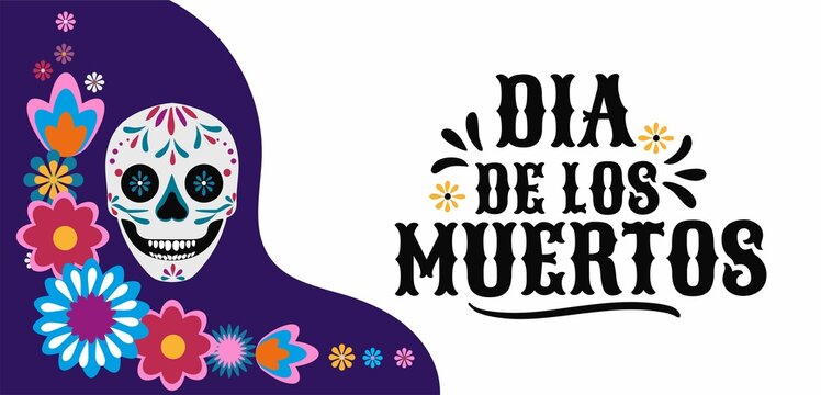 Day of the dead colorful design template with skulls and flowers in flat style. Dia de los muertos typography template for banner, greeting card, invitation, party poster, flyer. Vector illustration