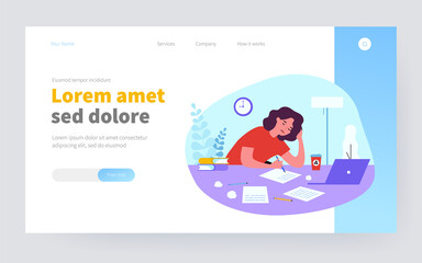 Tired student girl studying at night. Writer, handwritten text, papers, computer, coffee flat vector illustration. Deadline, time management concept for banner, website design or landing web page