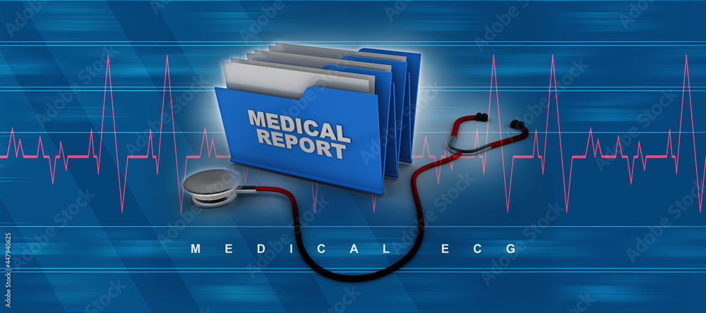 Poster 3d rendering stethoscope with hospital folder
