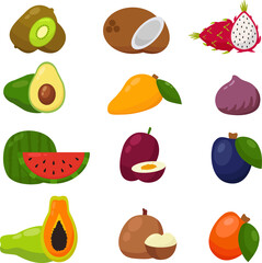 Set of colorful exotic fruits on white background