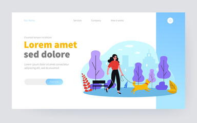 Disabled woman walking with guide dog. Blind person with cane in city park flat vector illustration. Disability, companion animals, therapy concept for banner, website design or landing web page